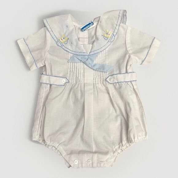 Vintage 1980s 6m Nanette Baby Boy One Piece Romper Rabbit Sailbot Embroidery - Picture 1 of 8